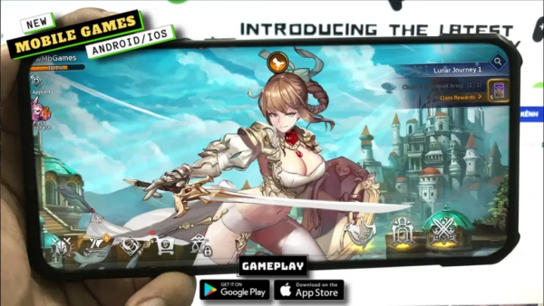 ad for 5 stars for klatyn that says "introducing the latest" on the right and "new Mobile Games Android/iOS" on the top left with an image of a hand holding a phone with a gamescreen showing a brunette anime girl holding a sword with armor on her arms and shoulder and her breasts exposed covered by a white corset/bikini top and no armor or covering on her bare torsos and white short shorts