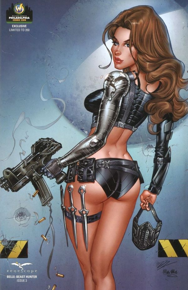 cover of Belle Beast Hunter #3 with Belle (brunette wearing a black leather tied crop top and black short shorts) standing with her butt and back to the audience and her boob showing on the side of her body looking detached