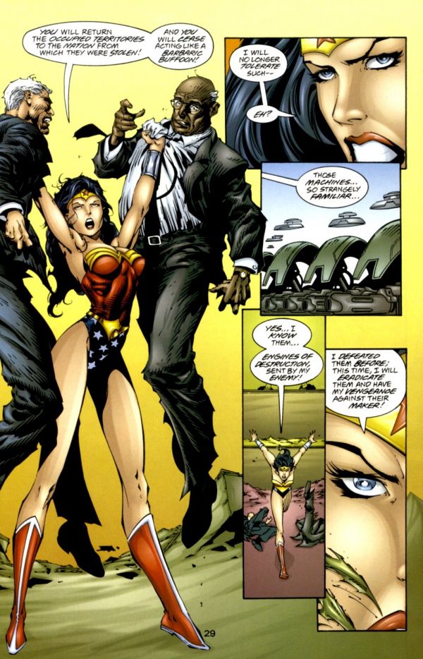 Page from JLA/Witchblade showing Wonder Woman holding up 2 men in suits, her waist and back are incredibly cinched in and her legs are twice the length of her torso