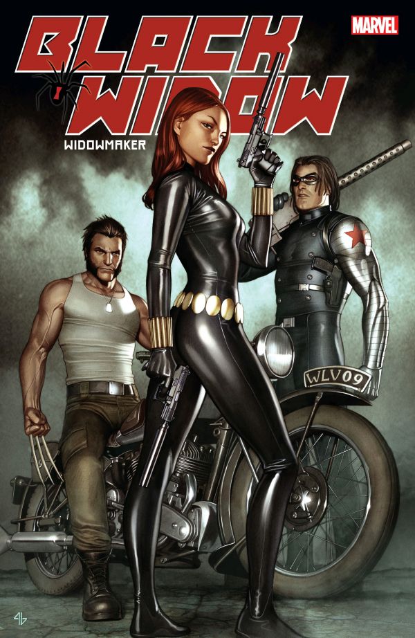 cover of Black Widow: Widowmaker TPB with Black Widow standing in front of Wolverine and Winter Soldier, she is holding a gun up with her left hand and standing in a boobs and butt pose