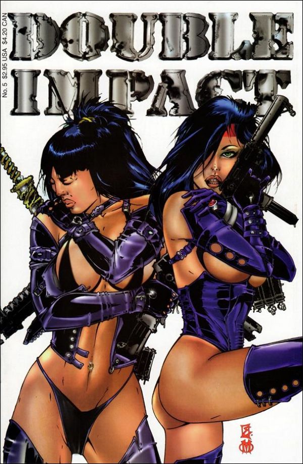 cover of Double Impact comic book with two black haired women, one in a corset top that is open and a string thong bottom, next to her on the right is a black haired woman wearing a similar outfit with one leg up to the side standing in a boobs and butt pose