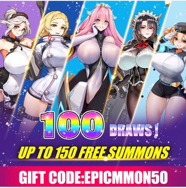 video game ad that reads "100 draws! up to 150 free summons gift code: epicmmon50" with 5 anime women in sideways cut rectangle panels, all of them with anti-gravity breasts twice the size of their heads and several of them with boobsocks