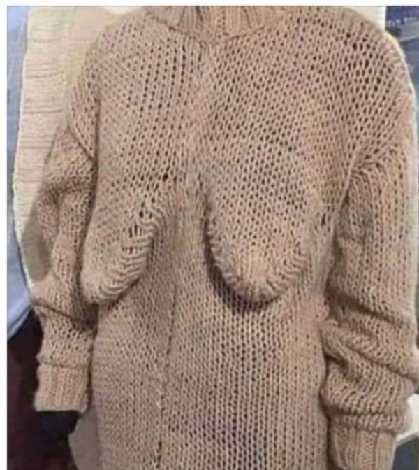 photo of a beige knitted sweater with long hanging pounches in the chest for breasts, literally boobsocks