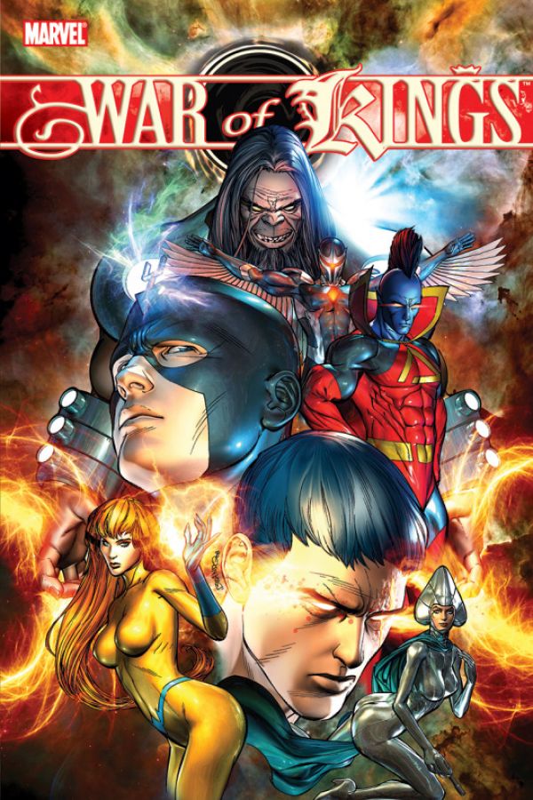 cover of Marvel War of Kings #1 comic with a montage of characters, in the front is an orange haired woman with pale skin in a skintight yellow costume with boobsocks, her butt is thrust out and her back is at a 90 degree angle to her butt, on the right bottom is a woman in a silver triangle helmet and full covering metal outfit, she is bent down in a boobs and butt centaur pose