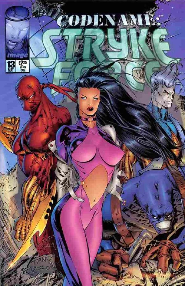 cover of Codename Stryke Force #13 with a woman with long black hair flowing to the right, she is wearing a skin tight pink suit with a diamond hole for her torso to be exposed and her breasts are unsupported and seemingly coated as if her outfit were paint and you can see her nipple outlines