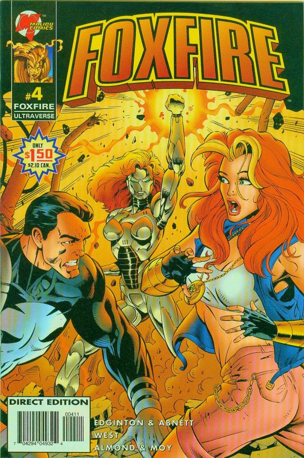 cover of Foxfire #4 comic from Malibu Comics with Punisher on the left side gritting his teeth and a gynoid/cyborg woman with orange hair and metal boobsocks holding up a hand in the background, in the right foreground is a red headed woman in a white bandeau and pink tight pants and blue vest, she is standing in an extreme twist boobs and butt pose