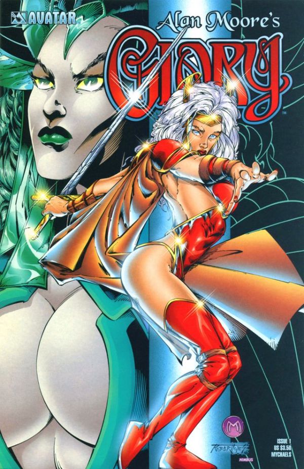 cover of "Alan Moore's Glory" #1 by Avatar Press, in the background is a white skinned (literal white) woman with green lips looking to the left with her breasts pushed up together with no support by the sides of her outfit with a diamond boob window, to her right in the foreground is Glory (white haired woman in a backless red bustier and cape with red thigh highs and no pants, holding a sword on her far left hand with her right hand reaching toward the audience and her back bent at 90 degrees