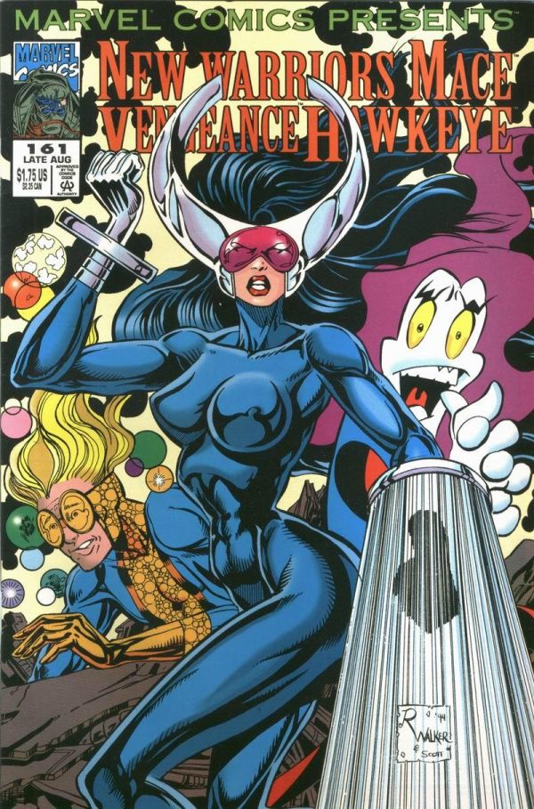 cover of Marvel Comics Presents #161 with the text "NEW WARRIORS MACE VENGEANCE HAWKEYE" underneath the title and a black haired woman in a skintight blue/black bodysuit with skin hugging boobsocks with a pink visor and silver horns coming from the visor, she is posed with a cinched in waist and thrusting her butt out to our right and with a silver ring and lines around her wrist shooting out