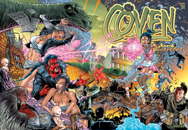 splash foldout cover of The Coven: Dark Sister by Avatar Press, a crowded cover with a giant long necked dinosaur coming off screen from the top left, a white haired woman in a white crop top and low hanging skirt looking ecstastic as she gets zapped by a pink bolt of energy from a dark haired girl in a pink dress and fishnets on the right, below a satanic red skinned man with a goatee bends over a dark haired woman on her hands and knees almost naked and moaning over a demon baby