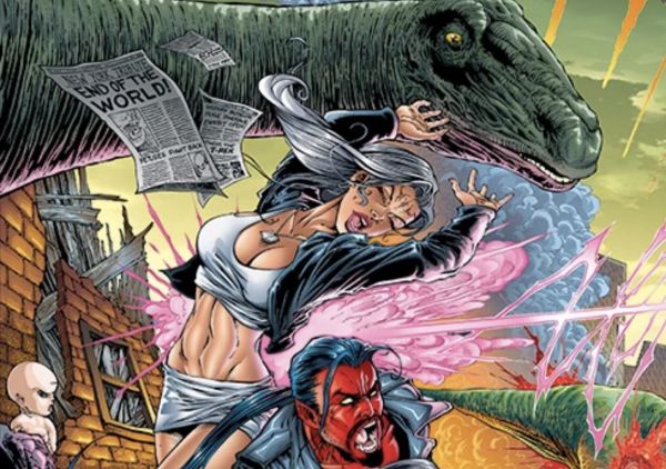 zoom of cover of Coven: Dark Sister #1 with the dinosaur at the top of the image and the white haired girl in a white crop top and skirt being shot by pink energy in the centre, the red skinned goateed satanic character under her and a demon baby to her left