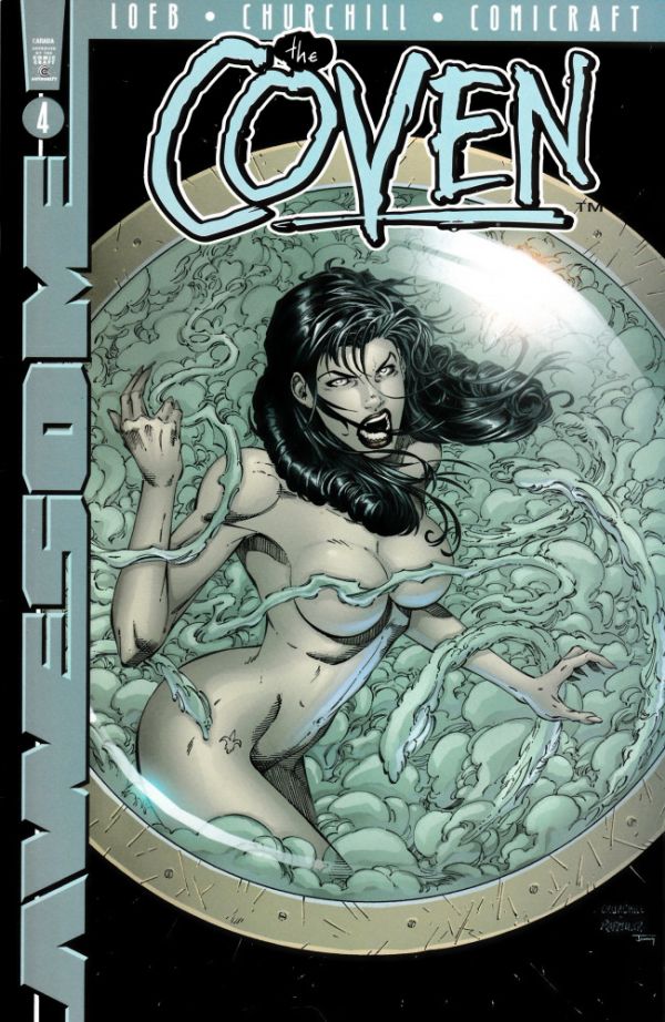 cover of the Coven vol. 2 #4 showing a white skinned (literally white) black haired woman naked with her naughty bits covered by wisps of white smoke as she's banging on a glass porthole and in a centaury pose with anti-gravity breasts with more smoke behind her