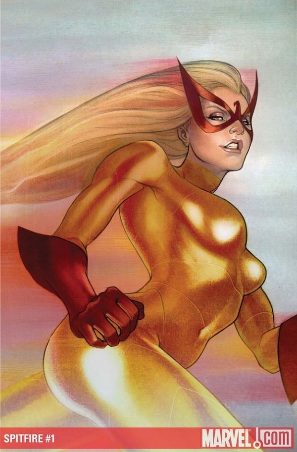 promo for cover of Spitfire #1 marvel comic, of a blonde white woman with a red horned domino mask and a tight yellow suit with boobsocks and red gloves running with her back bent in a centaur pose