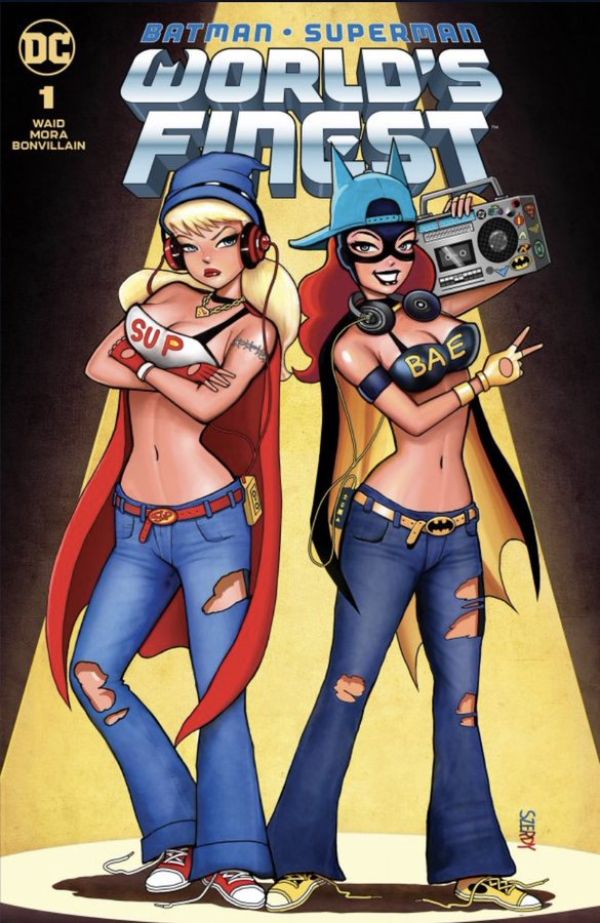 cover of Batman/Superman World's Finest #1 showing Supergirl and Batgirl (drawn in the style of the Bruce Timm DC animated universe) both are dressed "street" style with low waisted 00s flared jeans and tub tops with bra straps showing, Supergirl's waist is heavily cinched in