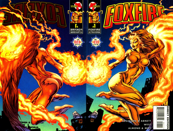 cover of Foxfire #1 showing the front and back covers, the front cover shows the titular Foxfire (yellow/red coated fire woman jumping up with her legs tucked to her thighs and arching her back to thrust out her breasts) and the back cover shows a reverse shot showing her butt and back and also the words/font on the cover but in reverse