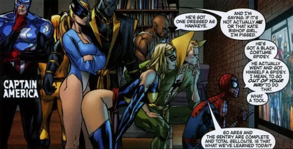 panel showing the avengers watching TV with Ms. Marvel (Carol Danvers) bending over with her butt back in front of Bobby Morse standing right behind her, Carol's butt pushing into Bobbi's crotch/thigh area