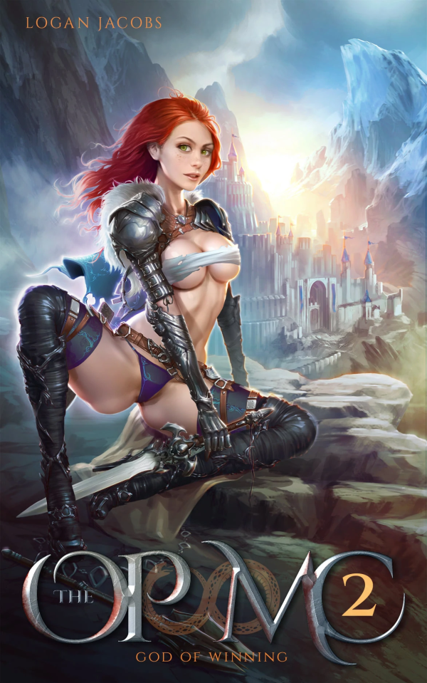 cover of novel "The OP MC 2" featuring a red haired pale skinned woman with a white strip of cloth across her breasts, and a black string bikini bottom, her arms and shoulders are covered in armor, as are her legs, her back is bent to thrust out her chest and she is in a crouching/sitting position on a rock holding a sword between her legs