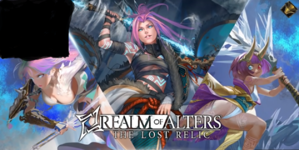ad for video game "Realm of Alters" with 3 purple haired women, the one on the left is flying at the camera with her top lowcut and slipping off to almost show her complete breasts, the one in the centre is holding a sword behind her and looking down at the audience viewpoint, on the right is a purple haired girl with a blue eye and a red eye swinging a giant ice sword, her ropes are swept up to show high waisted panties that barely cover the sides of her crotch area, she is in a centaur-y pose