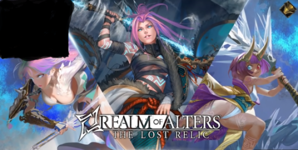 ad for video game "Realm of Alters" with 3 purple haired women, the one on the left is flying at the camera with her top lowcut and slipping off to almost show her complete breasts, the one in the centre is holding a sword behind her and looking down at the audience viewpoint, on the right is a purple haired girl with a blue eye and a red eye swinging a giant ice sword, her ropes are swept up to show high waisted  panties that barely cover the sides of her crotch area, she is in a centaur-y pose