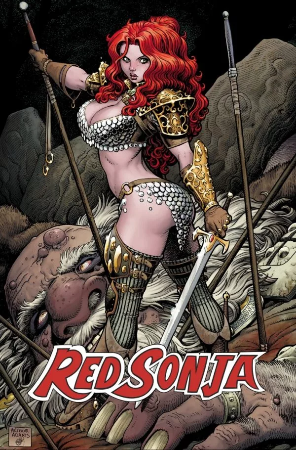 promo cover of Red Sonja showing the titular character (pale skinned red headed warrior woman in a chainmail bikini) holding a spear and a sword in opposite hands and standing in a very twisted boobs and butt pose looking toward the audience