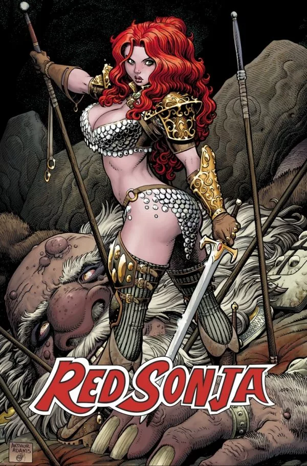 promo cover of Red Sonja showing the titular character (pale skinned red headed warrior woman in a chainmail bikini) holding a spear and a sword in opposite hands and standing in a very twisted boobs and butt pose looking toward the audience 