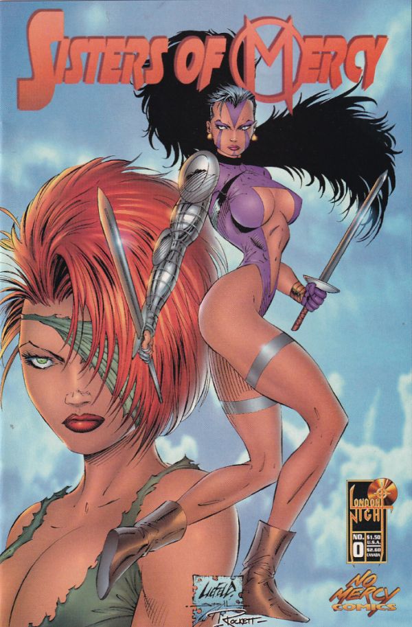 cover of Sisters of Mercy comic book showing a red haired woman's face in the background and in the foreground is a woman in a purple outfit that ends in a thong at her butt and has a big triangle cut out in the centre to show her torso and breasts, she is standing in a pose holding swords in either hand where her butt goes into her back at over 90 degrees