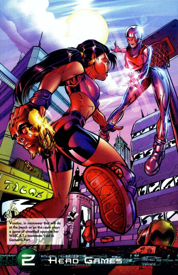 comic page with the text "2: Hero Games" at the bottom and a black haired woman in a purple sports bra and purple athletic shorts jumping up at a silver woman while holding a golden robot head, she is in a boobs and butt pose with audience viewpoint upward at her butt