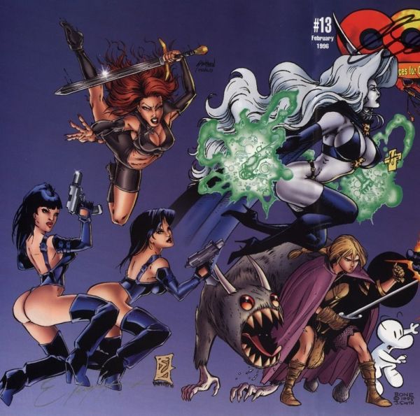 back cover of Combo Magazine issue #13 showing Lady Death on the right flying to the right side, next to her is Avengelyne holding a sword and slashing down with her leg flying up behind her, underneath are Double Impact (black haired twins in leather corsets that dig into their butts, they are holding guns and crouched one behind another with their butts thrust out and one is in a centaur back bend