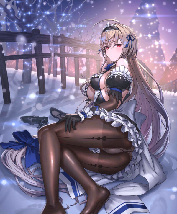 game art from Evertale of a blonde haired pale skinned anime girl in a maid outfit lying in the snow in a boobs and butt pose with audience viewpoint up her skirt at her stockinged butt and crotch