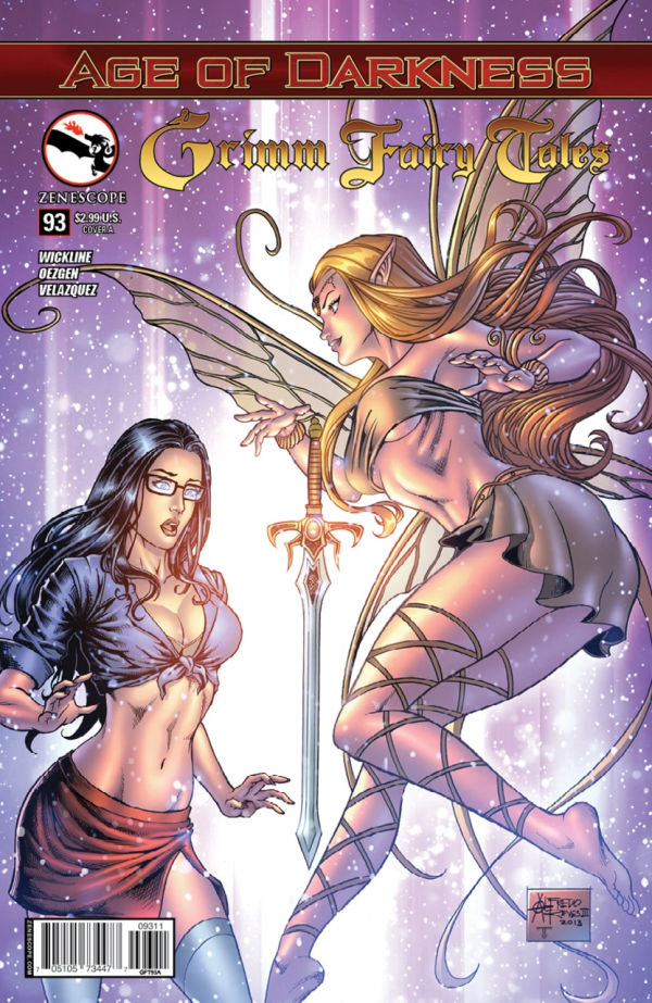 cover of Grimm Fair Tales #93 with "Age of Darkness" banner at the top, on the cover are a black haired woman with glasses and a blonde fairy girl with wings in a white bandeaux and skirt in a boobs and butt pose