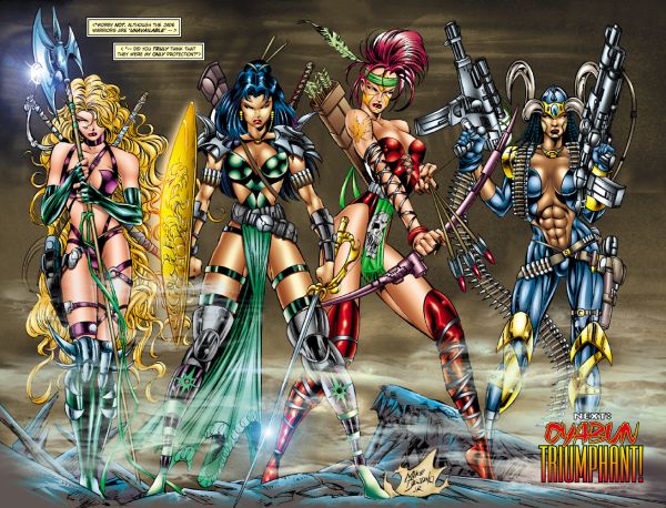 comic panel from Jade Warriors of 4 scantily clad female warriors with one of them standing in profile showing her organless torsos and centaur back bend