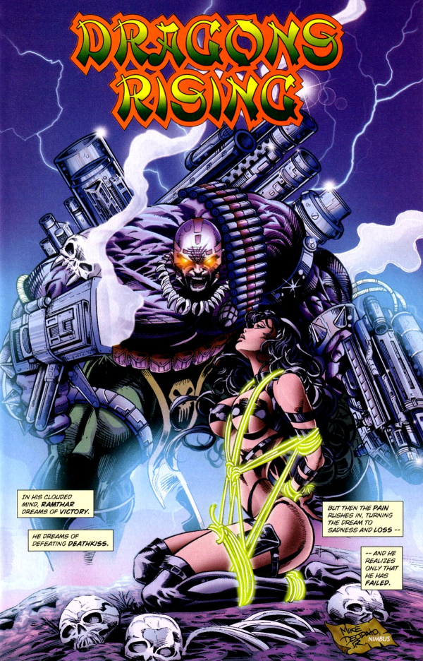 opening page of Jade Warriors #3 with the text "Dragons Rising" at the top, a giant oversized musclebound cyborg with guns stands above a black haired Asian girl wearing a black tiny tube top, she is tied up in glowing green rope with her legs bound under her thighs and her arms behind her back)