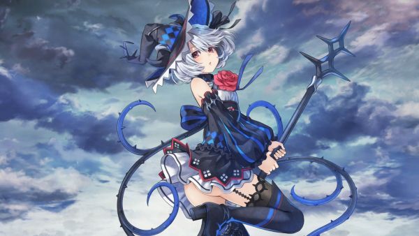 screenshot of Minessa in Dragon Star Varnir visual novel style cutscene, a witch in a frilly short cut black dress with pale white hair, she is flying on a broomstick in a boobs and butt pose with her (seemingly) bare butt completely visible under her short skirt