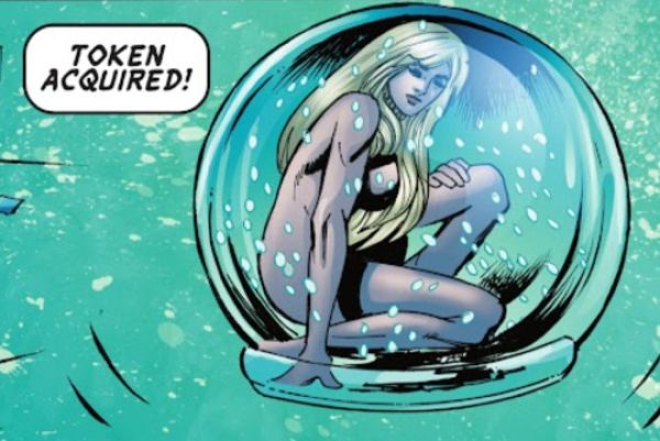 comic panel from Batman/FaZeClan comic book showing Mr. Freeze's wife Nora as a naked blonde woman in a snowglobe, her hair covering her breast, she is kneeling down with one leg disconnected entirely from her bosy and the thigh coming from chest level, the text "Token Acquired!" is next to it