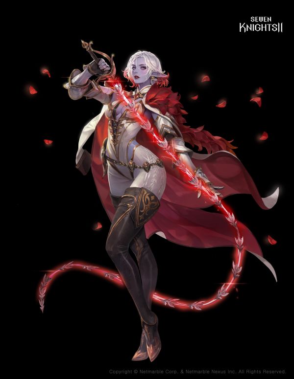 promot art for Miss Velvet from Seven Knights 2 with a purple/white skinned woman with short white hair in a skin tight white V cut outfit showing her breasts, she is holding a red sword whip and standing in a centaur duck pose with her back at over 90 degree bend to her butt