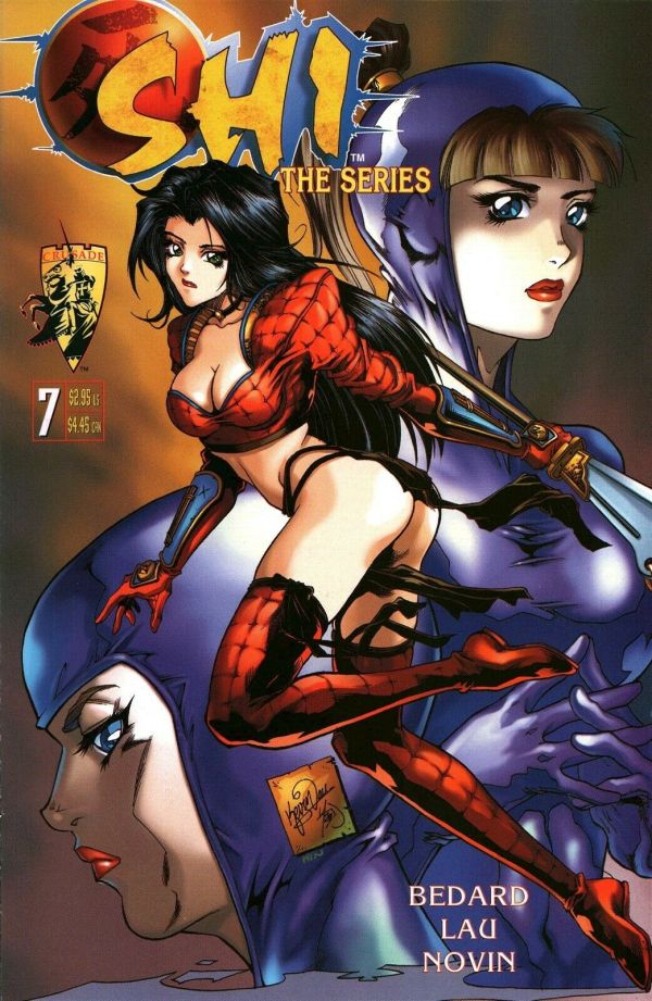 cover of Shi: The Series #7 by Crusade Comics, with Shi (black haired East Asian girl in a quilted red bustier and leggings, she is in a boobs and butt pose with her far buttcheek and leg far back and below her near buttcheek to show both, her buttcheeks are bare as she's wearing a thong (apparently)