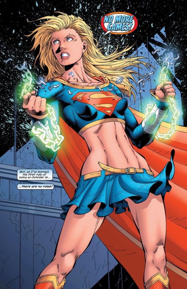 comic page of Supergirl shouting "No more games!" as she breaks free of kryptonite chains, she is in her Churchill/Loeb/Turner outfit (the 2 piece blue crop top/mini skirt combo) with her braless breasts vacuum sealed into her top and her skirt hanging very low right above her crotch