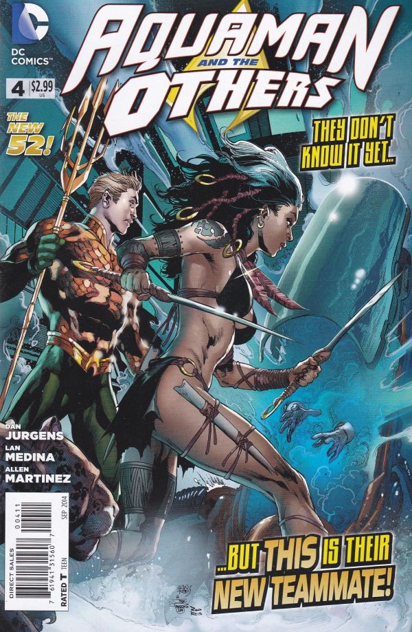 cover of Aquaman and the Others showing Aquaman stnading next to a black haired woman in a bikini top and bottom with a cloth over her butt, she is holding two swords and standing in a boobs and butt pose