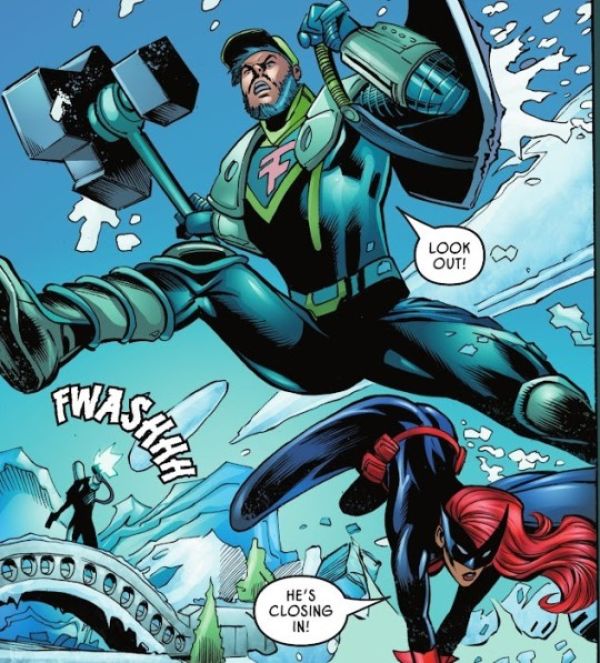 panel from Batman/Faze Clan comic with one of the Faze members in green armor jumping above and toward the audience viewpoint, behind him is Batwoman jumping, her legs are drawn so they end at the knees with no hint of her calves or feet behind them