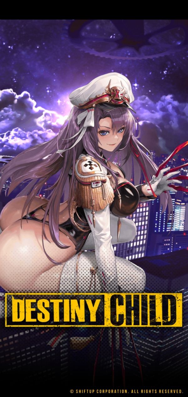 Destiny Child ad showing a purple haired anime woman in a white navy uniform sleeves and hat but her chest and butt are a skin tight black swimsuit that is backless and ends in a string thong at her large butt which is pushed backwards and shown completely in full as she is sitting, you can see both her boobs and butt