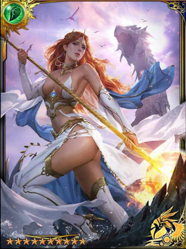 card from Legend of the Cryptids showing a red haired woman in a white bikini top and thong and dress holding a staff ans standing in a boobs and butt pose