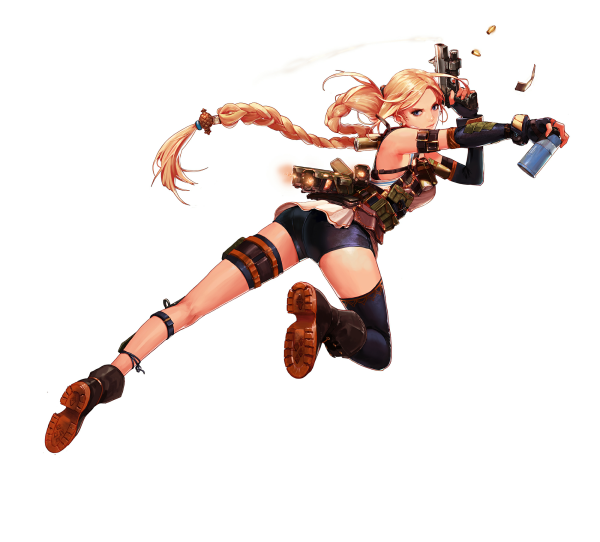 Female spitfire design from Dungeon Fighter Online showing a blonde haired girl with a long single braid, she is in tight black hotpants and has a tactical vest on, she is in a pose where her legs and lower half are jumping away from the bottom left side but her upper half looks like it's coming down toward the lower left in a boobs and butt pose like her lower half is in a jumping pose but her upper half is in a front kick pose