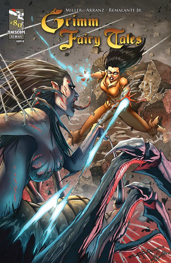 cover of Grimm Fairy Tales #80 with a black haired woman in glasses fighting a spider woman who is in the front of the audience viewpoint, the spider woman has two breasts one one side of her body under her armpit area