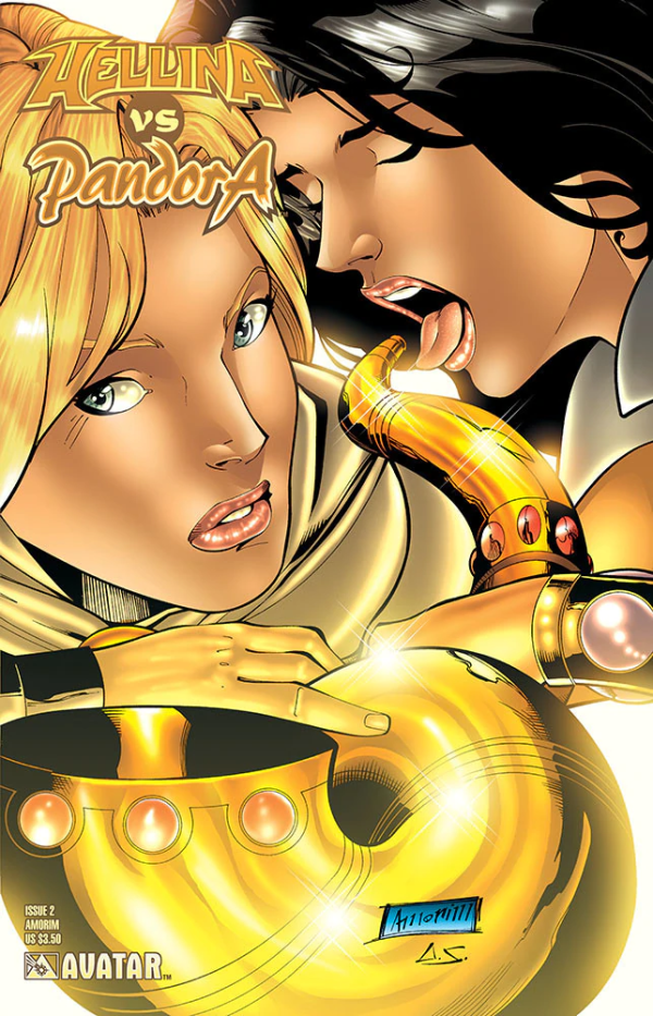 cover of Hellina vs Pandora #2 featuring a blonde woman head on the left and a black haired woman's head on the right next to it with her mouth open and eyes closed and tongue out with the end of a golden horn at her mouth