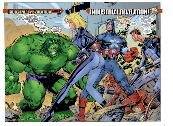 page from Iron Man Vol. 2 #6 showing the hulk confronting Mr. Fantastic, Captain America, and Sue Storm, Sue has her back arched and butt thrust out with both butt cheeks prominently outlined in her tight pants