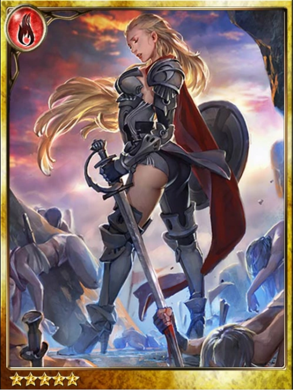 card art of "Island Officer Milweli" from Legend of the Cryptids showing a blonde woman in tight metal armor and hot pants, she is standing with her back to the audience looking up at her butt and tilted to show her side but you can see both breasts stacked together