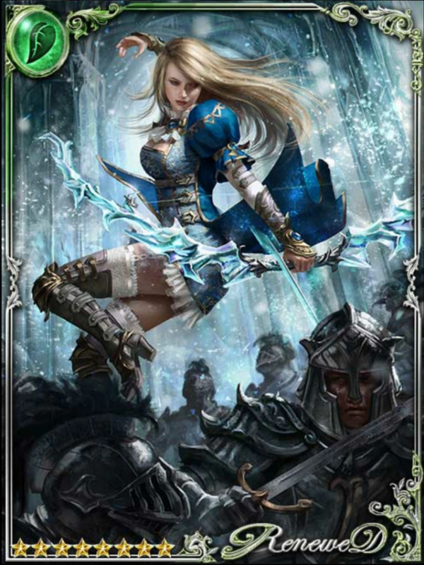 card art of Legend of the Cryptids showing Laylanne (long haired blonde white woman in a blue and white dress) jumping over a bunch of guards shoowing a bow down at them while she is in a boobs and butt pose, at the top left of the card is a green leaf icon and at the bottom are 8 gold stars and the word "ReneweD" next to it