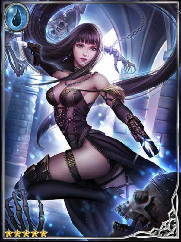 card art of "Whole Hearted Nadie" from Legend of the Cryptids showing a pale skinned woman with long black hair and bangs in a lingerie type outfit shooting guns at her sides while in a boobs and butt pose