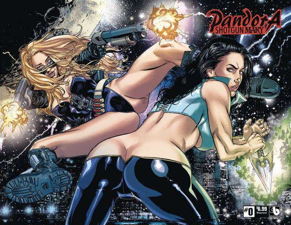 cover of Pandora/Shotgun Mary #0 from Boundless Comics with one blonde woman shooting a gun jumping away from the audience viewpoint with her legs spread showing her bikin bottom clad crotch area and buttcheeks, at the front is a black haired woman in a blue top with her butt thrust out with her pants seemingly cut too low to show her butt crack