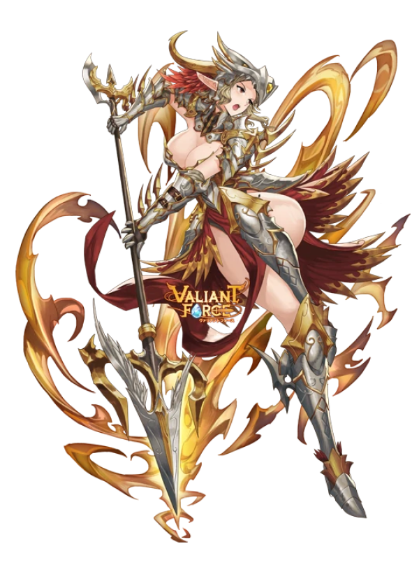 character art fomr Valiant Force video game showing a long eared pink skinned elf girl with armor on her head, shoulders, arms, and calves but none over her breasts or thighs, holding a large spear and jumping to the side with her breasts and torso at a 90 degree angle to her legs and one thigh pushed in and bent at the knee in a way that makes it look almost like from afar she has only one leg 