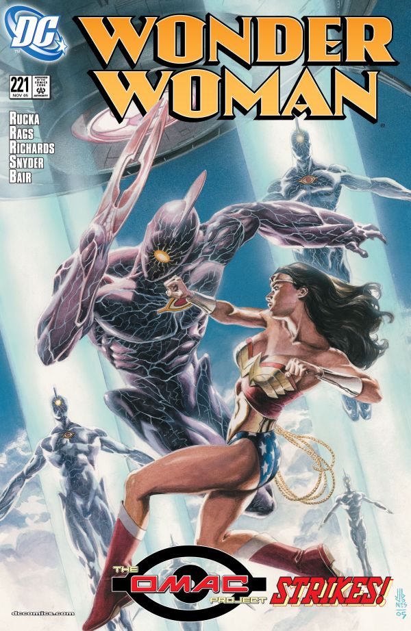 cover of Wonder Woman #221 showing Wonder Woman punching an Omac while she is in a boobs and butt pose